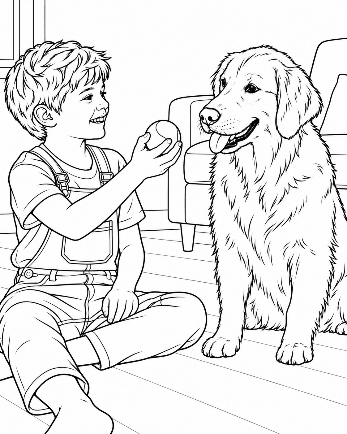 Simplified coloring-page illustration of a child playing ball with a golden retriever at home