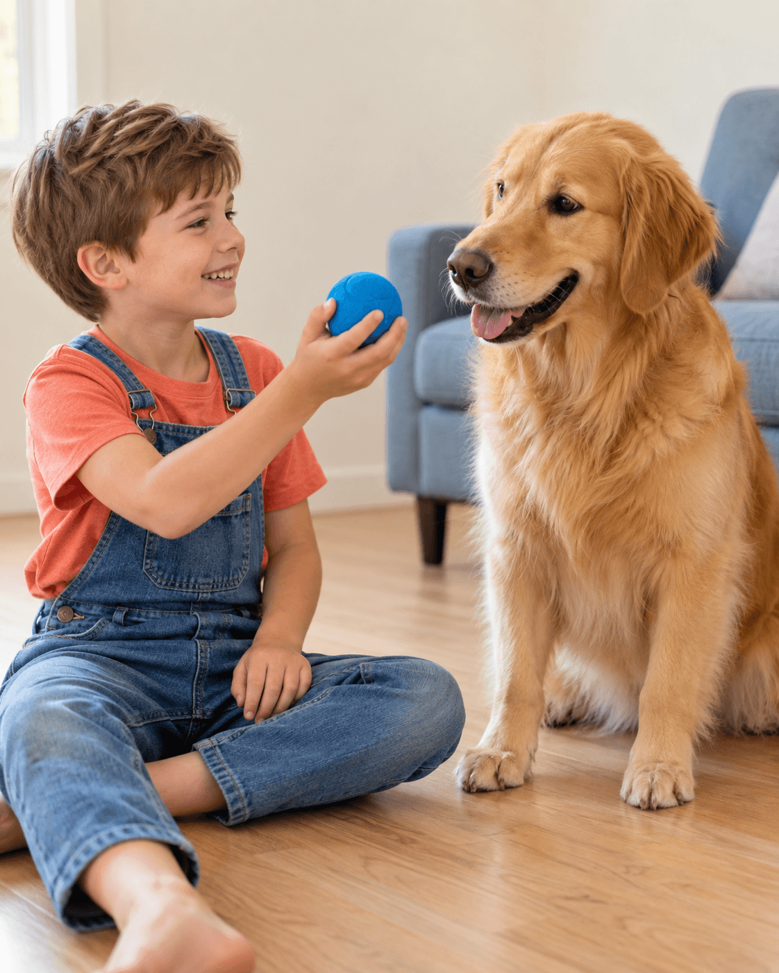 A child playing ball with a golden retriever at home