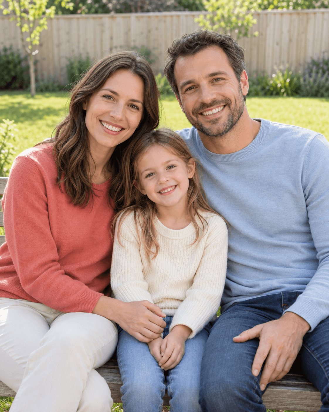A family of three smiling together in a garden