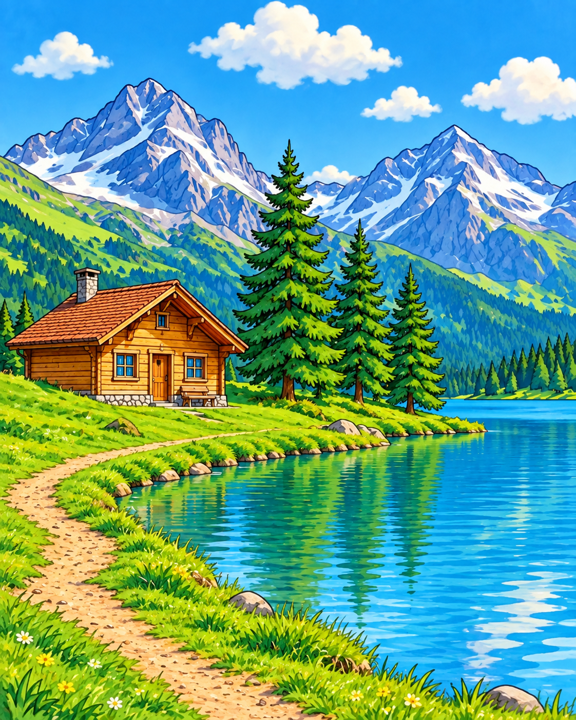 A colorful cartoon cabin beside an alpine lake and pine trees